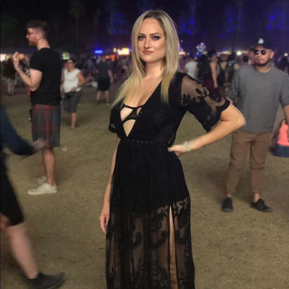 Black lace deep v dress coverup romper